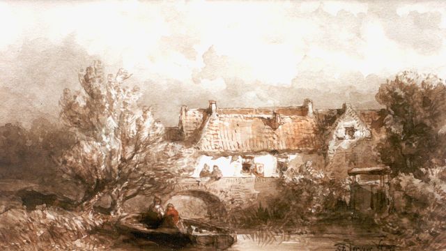 Salomon Verveer | Gezicht op een boerderij met figuren in een roeibootje, inkt en aquarel op papier, 11,3 x 19,5 cm, gesigneerd r.o. en gedateerd '54