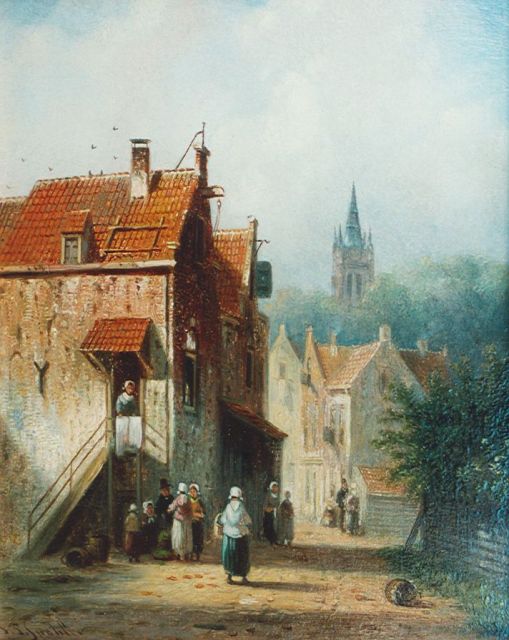 Johannes Franciscus Spohler | Figuren in een straatje, olieverf op paneel, 14,5 x 11,5 cm, gesigneerd l.o.