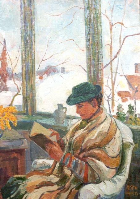 Edith Pijpers | Lezende figuur bij sneeuw, olieverf op doek, 57,0 x 40,4 cm, gesigneerd r.o.