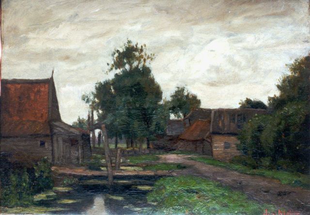 Johan Meijer | Dorpsweggetje langs een sloot, olieverf op doek, 32,8 x 46,2 cm, gesigneerd r.o.