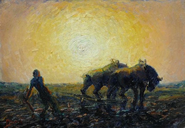 Daan Bout | Ploegende paarden, olieverf op doek, 50,4 x 70,7 cm, gesigneerd l.o.