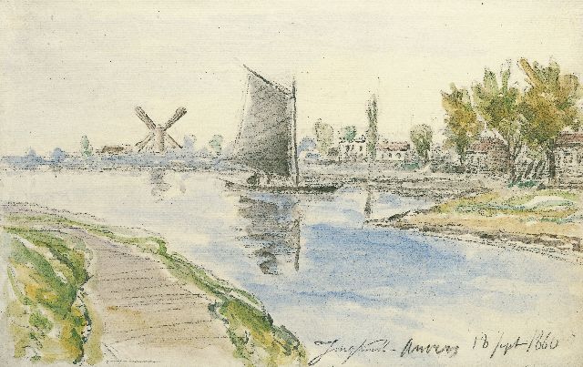 Johan Barthold Jongkind | Rivierlandschap met molen en zeilboot bij Antwerpen, krijt en aquarel op papier, 20,0 x 30,0 cm, gesigneerd r.o. met naamstempel en gedateerd 1860