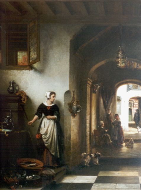Johannes Anthonie Balthasar Stroebel | Hollands interieur met figuren, olieverf op paneel, 54,7 x 41,9 cm, gesigneerd r.o. en gedateerd '66