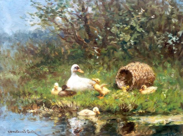 Constant Artz | Eend met kuikens bij broedkorf, olieverf op paneel, 18,1 x 24,2 cm, gesigneerd l.o.