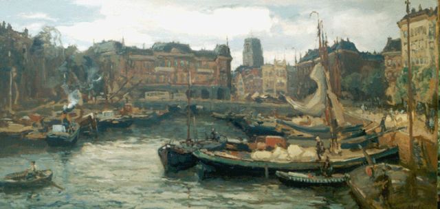 Evert Moll | De Oude Haven in Rotterdam met het Plan C - gebouw, olieverf op doek, 76,3 x 151,6 cm, gesigneerd r.o.