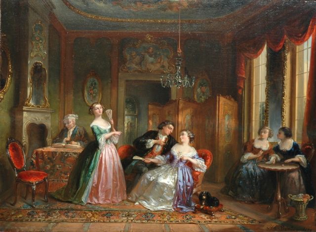 Henricus Engelbertus Reijntjens | Het aanzoek, olieverf op paneel, 39,2 x 52,5 cm, gesigneerd r.o. en gedateerd 1839