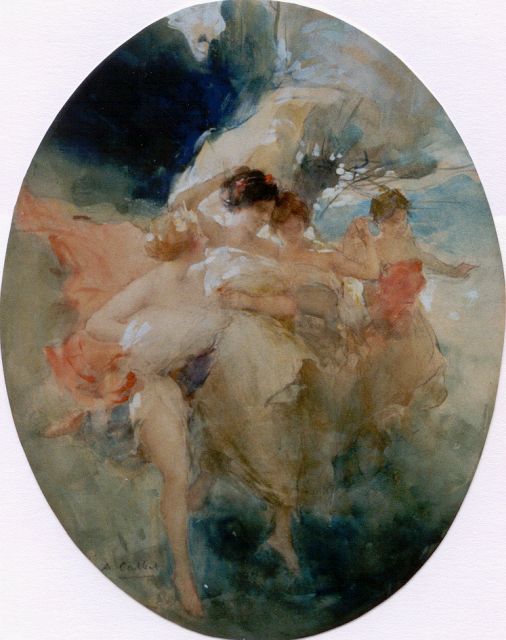 Antoine Calbet | Dansende bosnimfen, krijt en aquarel op papier, 37,0 x 29,0 cm, gesigneerd l.o.