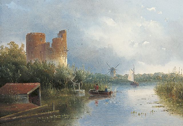 Jan Hendrik Willem Hoedt | Rivierlandschap met vissers, olieverf op paneel, 21,9 x 30,9 cm, gesigneerd l.o. en gedateerd '50