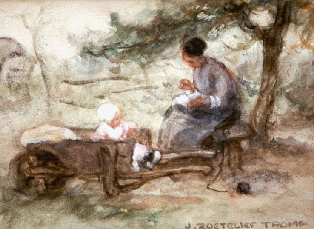 Jan Zoetelief Tromp | Zomermiddag in de boomgaard, aquarel op papier, 14,0 x 19,5 cm, gesigneerd r.o.