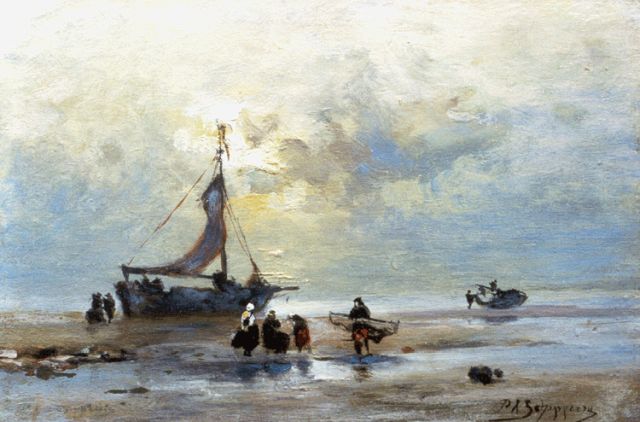 Piet Schipperus | Bomschuit met vissersvolk, Scheveningen, olieverf op paneel, 16,9 x 25,2 cm, gesigneerd r.o. en vaag l.o.
