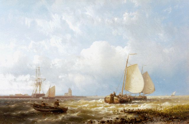 Abraham Hulk | Vrachtschepen voor de wind in een riviermonding, olieverf op paneel, 16,0 x 24,5 cm, gesigneerd l.o.