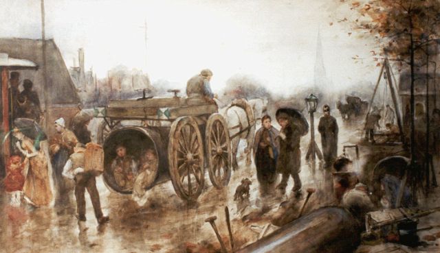 Jan de Jong | Vertier, verkeer en werk op straat in Rotterdam, aquarel op papier, 34,0 x 58,0 cm, gesigneerd r.o. en gedateerd '95