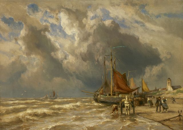 Jan H.B. Koekkoek | Bomschuiten op het strand bij Katwijk aan Zee, olieverf op doek, 50,4 x 70,1 cm, gesigneerd l.o. + verso op etik