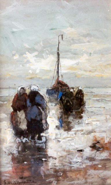 Morgenstjerne Munthe | Vissersvrouwen op het strand van Katwijk, aquarel en gouache op papier, 18,6 x 11,3 cm, gesigneerd l.o. + verso en gedateerd en verso gedateerd 1916