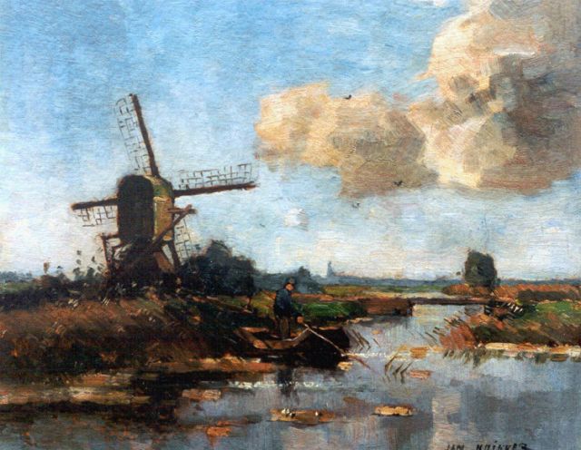 Jan Knikker sr. | Poldervaart met visser, olieverf op schildersboard, 25,3 x 28,1 cm, gesigneerd r.o.