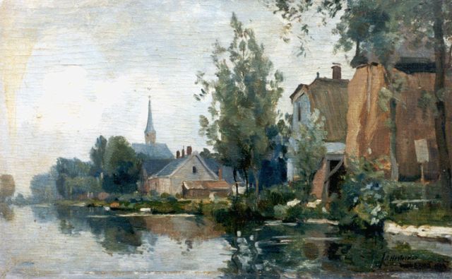 J.A. Hesterman | Gezicht op Woubrugge, olieverf op paneel, 21,1 x 32,0 cm, gesigneerd r.o. + verso en gedateerd 1922