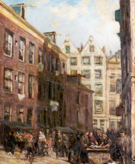 Gerard Johan Staller | Stadsgezicht met marktstalletjes in Amsterdam, olieverf op doek, 79,9 x 65,5 cm