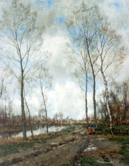Arnold Gorter | Herfstlandschap met moeder en kind langs een beek, olieverf op doek, 56,3 x 46,3 cm, gesigneerd r.o.