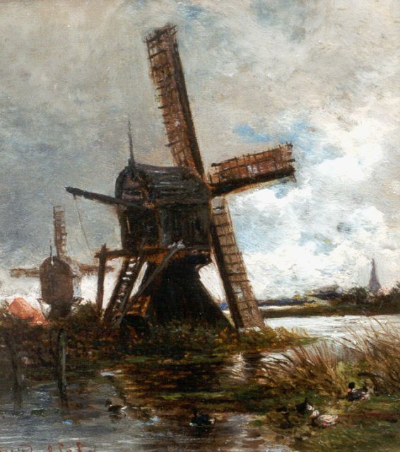 Willem Roelofs | Wipwatermolen aan een vaart, olieverf op paneel, 14,5 x 12,9 cm, gesigneerd l.o. en gedateerd '56
