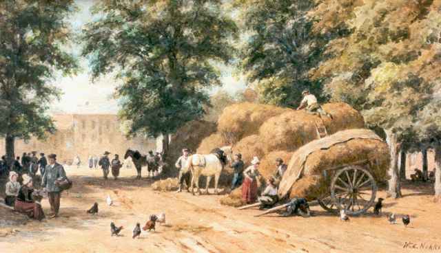 Willem Carel Nakken | Boerenmarkt met hooiwagens, aquarel op papier, 31,8 x 53,4 cm, gesigneerd r.o.