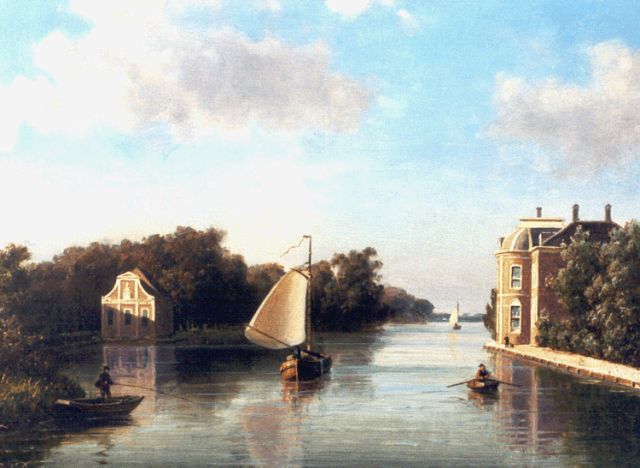 Johannes Josephus Destrée | Riviergezicht met statige landhuizen, olieverf op paneel, 24,4 x 33,0 cm, gesigneerd l.o. + verso en verso gedateerd 1865