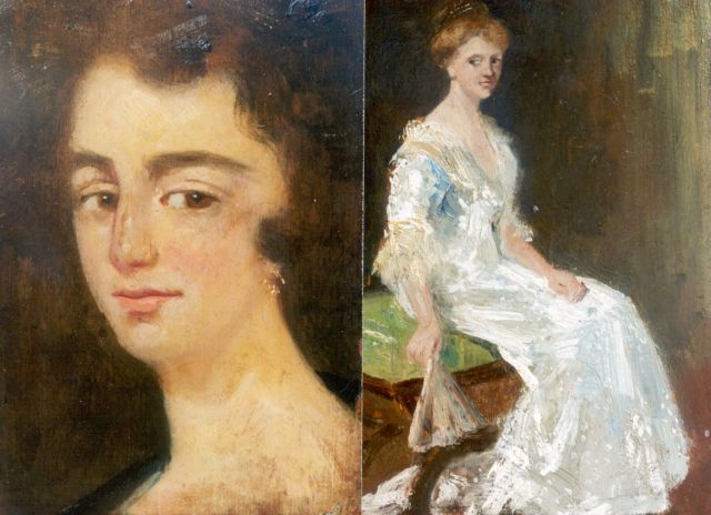 Simon Maris | Elegante dame met waaier; verso: vrouwenportret, olieverf op paneel, 21,6 x 15,1 cm