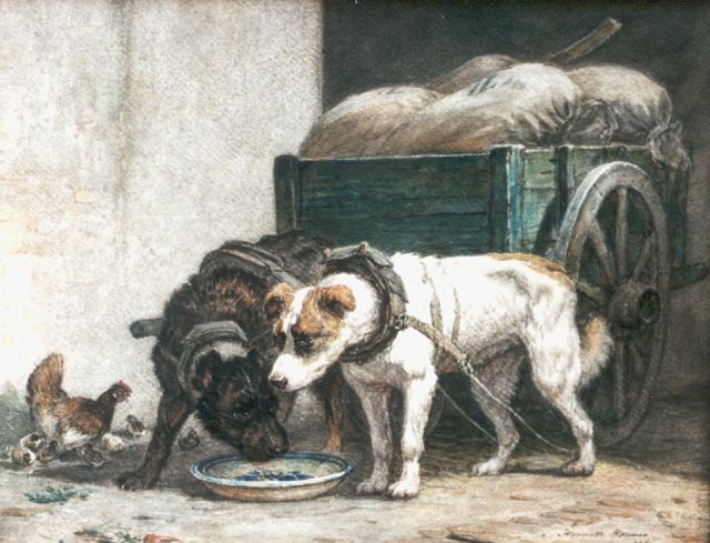 Henriette Ronner-Knip | Rustende trekhonden, aquarel op papier, 35,0 x 44,5 cm, gesigneerd r.o. en gedateerd 1871