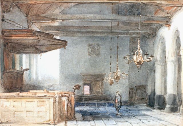 Johannes Bosboom | Bakenessekerk in Haarlem, zuidelijke zijbeuk, aquarel op papier, 15,0 x 20,5 cm, gesigneerd l.o.