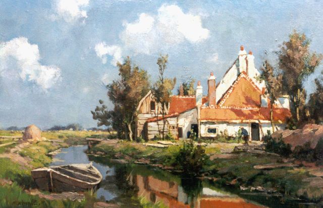 Hendrik Jan Wesseling | Boerenwoning aan een vaart, olieverf op doek, 46,9 x 71,9 cm, gesigneerd l.o.
