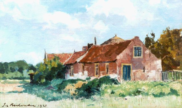 Jan Roelandse | Boerenhuisjes, olieverf op doek op paneel, 23,4 x 38,5 cm, gesigneerd l.o. en gedateerd 1921