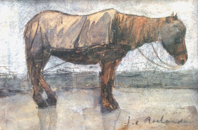Jan Roelandse | Rustend werkpaard, krijt en aquarel op papier, 12,1 x 18,1 cm, gesigneerd r.o.