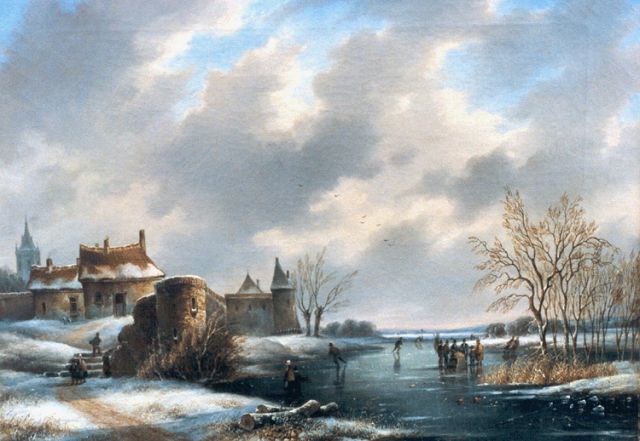 George Henry Hendriks | Wintergezicht met schaatsers, olieverf op doek, 42,2 x 56,3 cm