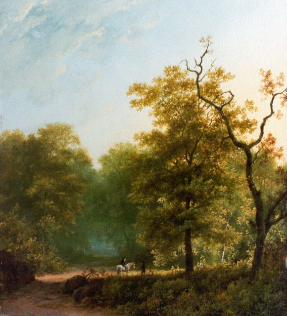 Marinus Adrianus Koekkoek I | Bosgezicht met ruiter en wandelaar, olieverf op paneel, 22,7 x 20,6 cm, gesigneerd l.o.  met initialen