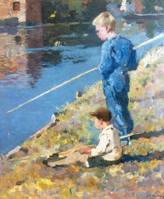 Jan Harm Weijns | Katwijkse vissertjes, olieverf op schildersboard, 39,5 x 34,2 cm, gesigneerd r.o. + verso