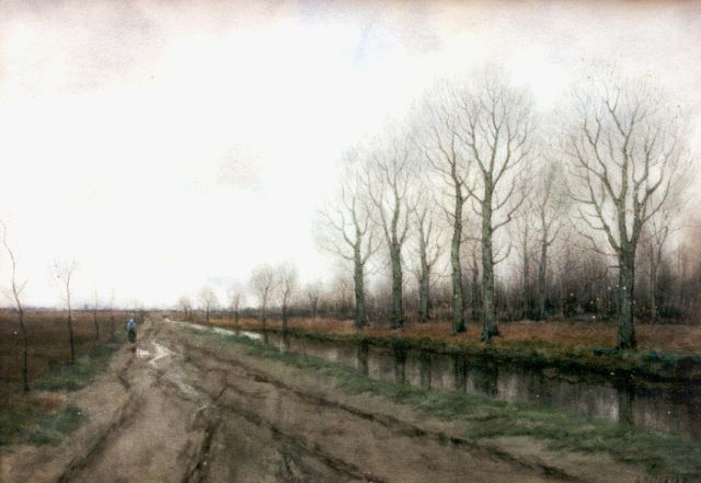 Arnold Gorter | Winters landschap met boerin langs een vaart, aquarel op papier, 33,4 x 46,7 cm, gesigneerd r.o.