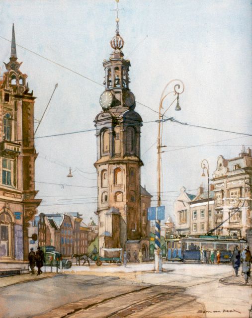 Sam van Beek | Gezicht op de Munttoren, Amsterdam, potlood en aquarel op board, 43,0 x 34,4 cm, gesigneerd r.o. en l.o. gedateerd aug. '43