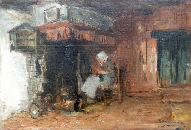 Bernard Blommers | Breister bij de haard, olieverf op doek op paneel, 30,0 x 44,0 cm, gesigneerd r.o. 2x