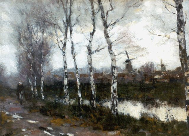 Louis van Soest | Herfstlandschap met figuur op een landweg, olieverf op doek op schildersboard, 34,0 x 46,2 cm
