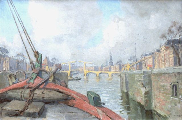Gerrit van Duffelen | Gezicht op de Magere Brug vanaf een boot op de Amstel, olieverf op doek, 40,8 x 60,5 cm, gesigneerd r.o. en te dateren ca 1946