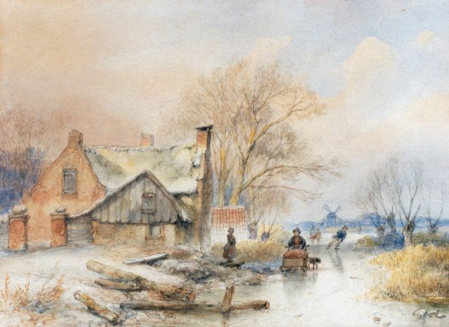 Andreas Schelfhout | Winters landschap met schaatsers op een bevroren vaart, aquarel op papier, 21,5 x 29,0 cm, gesigneerd l.o.