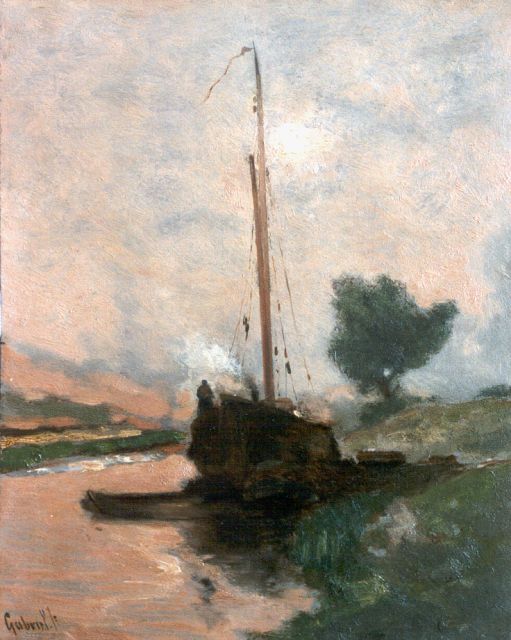 Constan Gabriel | Afgemeerd vrachtschip, olieverf op paneel, 29,5 x 23,5 cm, gesigneerd l.o.
