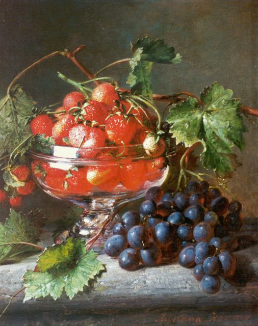 Adriana Haanen | Stilleven met aardbeien en druiven, olieverf op paneel, 36,0 x 28,7 cm, gesigneerd r.o.