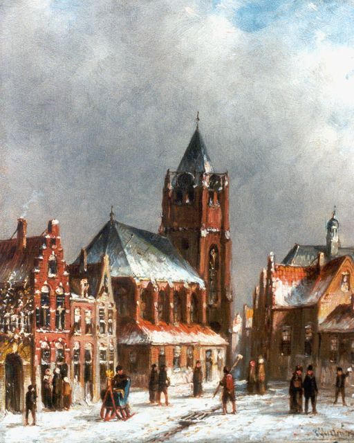 Petrus Gerardus Vertin | Winters stadsgezicht, olieverf op paneel, 21,1 x 17,7 cm, gesigneerd r.o. en gedateerd '92