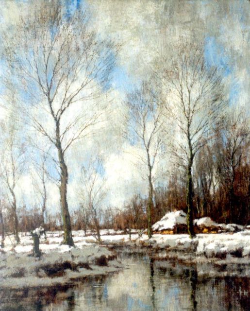 Arnold Gorter | Besneeuwd winterlandschap bij de Vordense beek (pendant van zomer nr. 6001), olieverf op doek, 56,5 x 46,5 cm, gesigneerd r.o.
