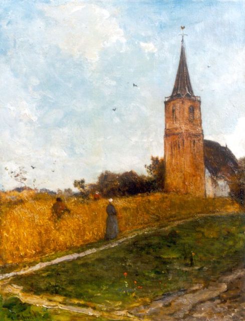 Constan Gabriel | In het korenveld bij het kerkje van Elspeet, olieverf op doek, 49,2 x 38,4 cm, gesigneerd l.o.