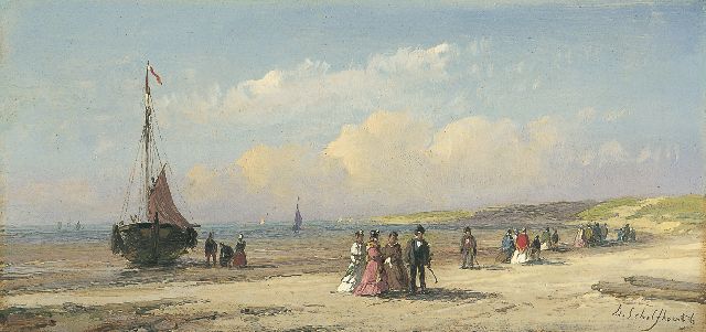 Andreas Schelfhout | Strandgezicht met wandelende elegante figuren, olieverf op paneel, 10,3 x 21,6 cm, gesigneerd r.o. en te dateren midden jaren '50