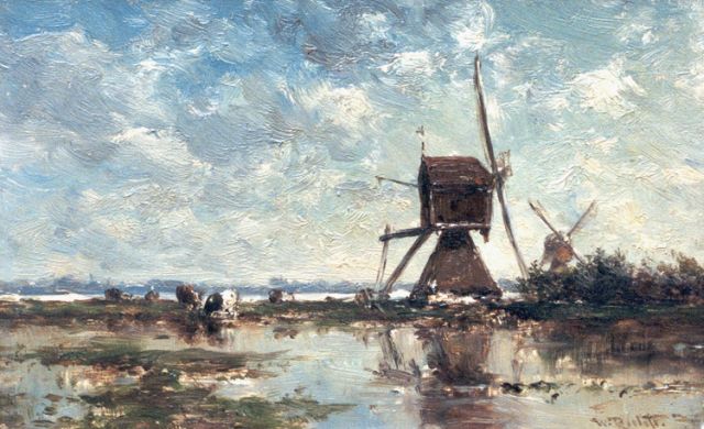 Willem Roelofs | Polderlandschap met molens, olieverf op paneel, 12,0 x 19,0 cm, gesigneerd r.o.