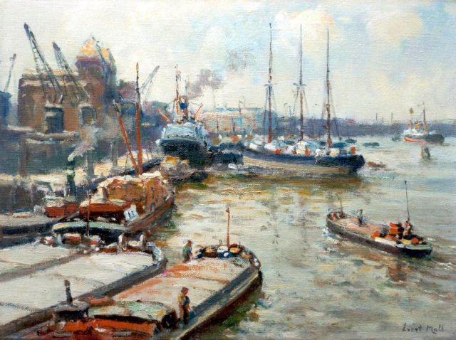 Evert Moll | Bedrijvigheid in de Maashaven, olieverf op doek, 30,3 x 40,3 cm, gesigneerd r.o.