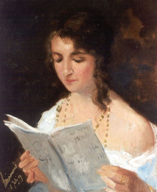 Maris S.W.  | Lezend meisje, olieverf op doek 38,0 x 31,3 cm, gesigneerd l.o. en gedateerd 1 juli '19