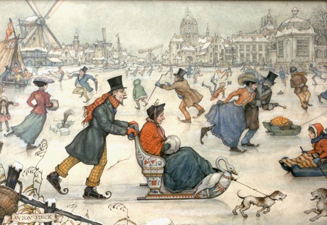 Anton Pieck | Sleetje rijden op het ijs, potlood en aquarel op papier, 31,0 x 41,5 cm, gesigneerd l.o.